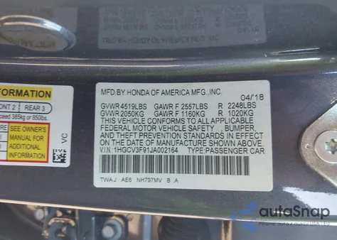 2018 Honda Accord Hybrid Touring z USA, uszkodzony, nr VIN 1HGCV3F91JA002164